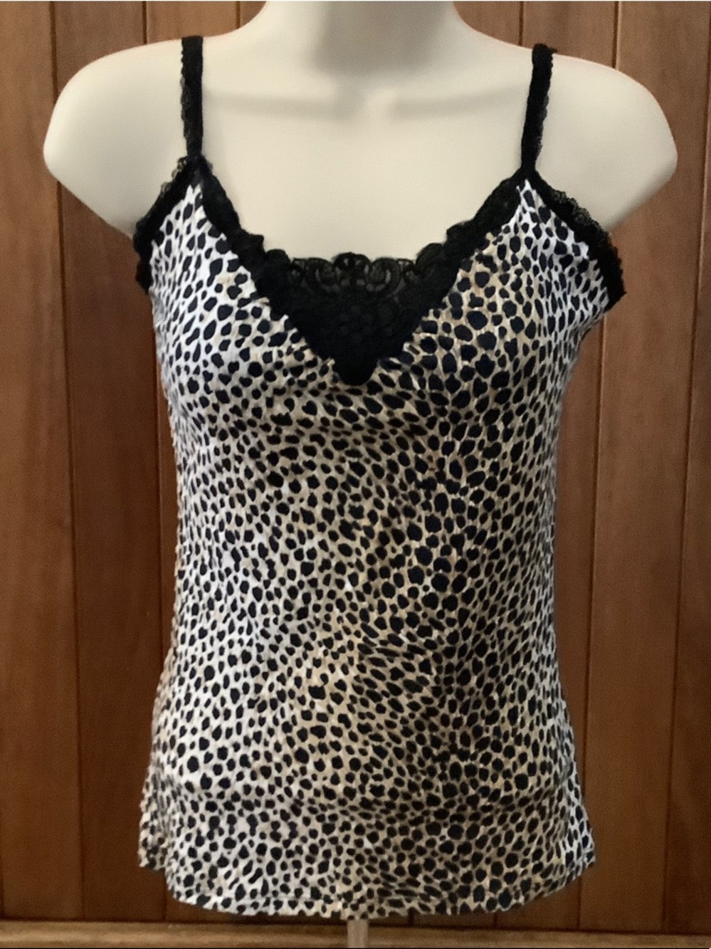 Leopard Print Lace-Trim Cami Tank in Black and Cream